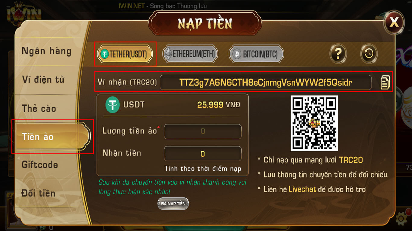 Vào game để lấy địa chỉ USDT của Iwin